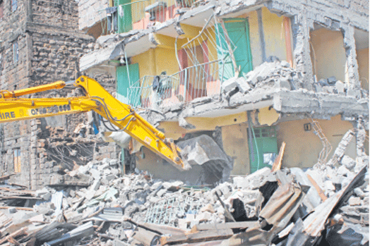 One of the buildings in Huruma that has been identified as being unsafe is demolished. PHOTO | ANTHONY OMUYA