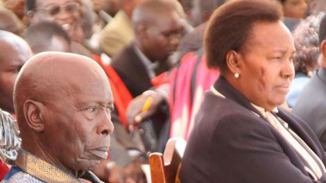 Retired President Daniel Moi and then Agriculture Minister Dr Sally Kosgei during the Africa Inland Church’s Centenary Celebrations held at Africa Inland Church Chebisaas in Kobujoi, Nandi County on December 09, 2012. PHOTO | JARED NYATAYA