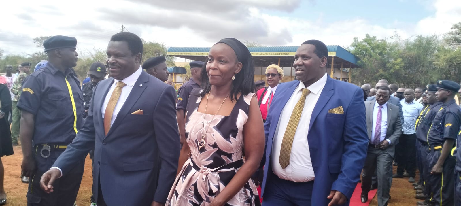 From left: Tharaka Nithi Governor-elect Muthomi Njuki, his wife Margaret Muthomi and Deputy Governor -elect Wilson Nyaga arrive for the swearing in ceremony at Kathwana Stadium. By Alex Njeru